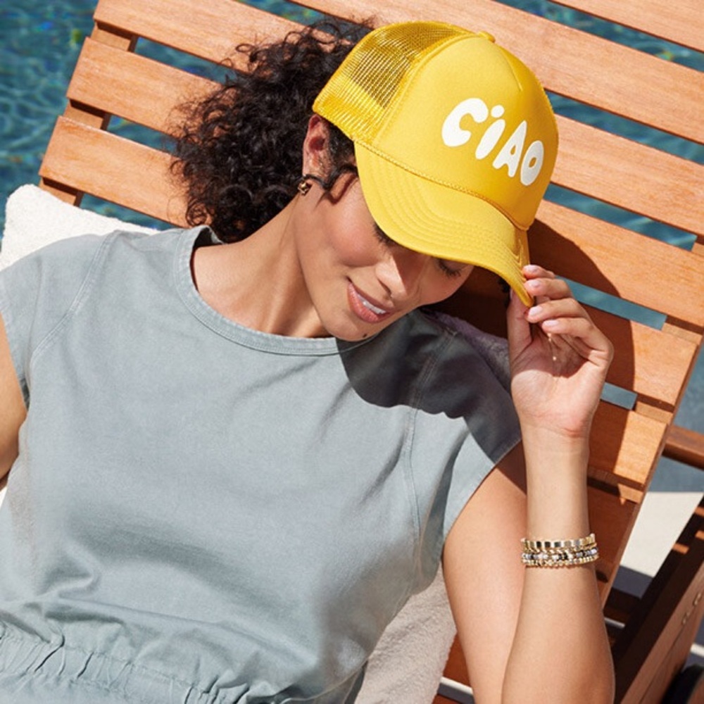 Clare V Ciao trucker hat in marigold